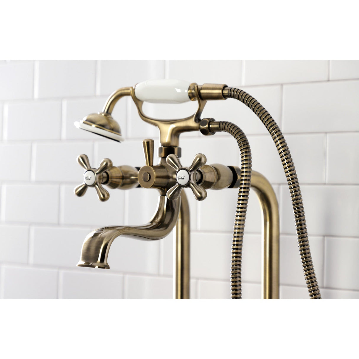 Kingston CCK226K3 Three-Handle 2-Hole Freestanding Clawfoot Tub Faucet Package with Supply Line and Stop Valve, Antique Brass