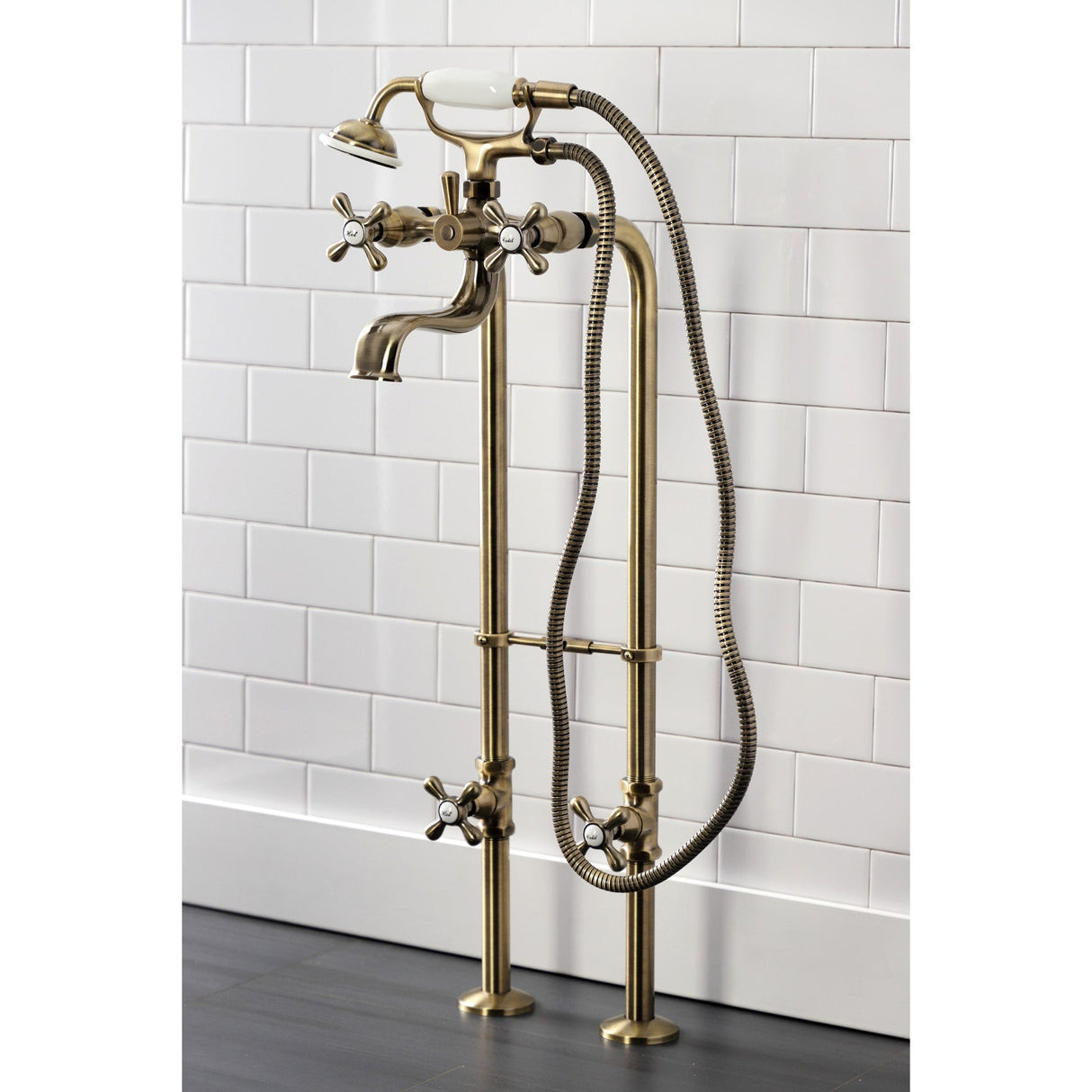 Kingston CCK226K3 Three-Handle 2-Hole Freestanding Clawfoot Tub Faucet Package with Supply Line and Stop Valve, Antique Brass