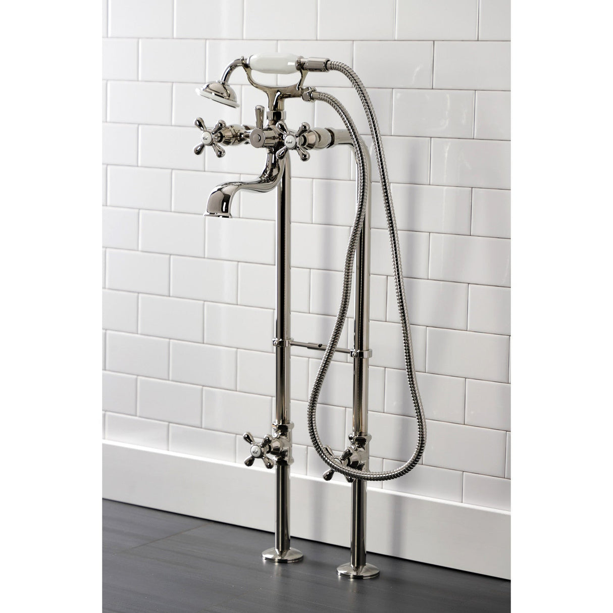 Kingston CCK226K6 Three-Handle 2-Hole Freestanding Clawfoot Tub Faucet Package with Supply Line and Stop Valve, Polished Nickel