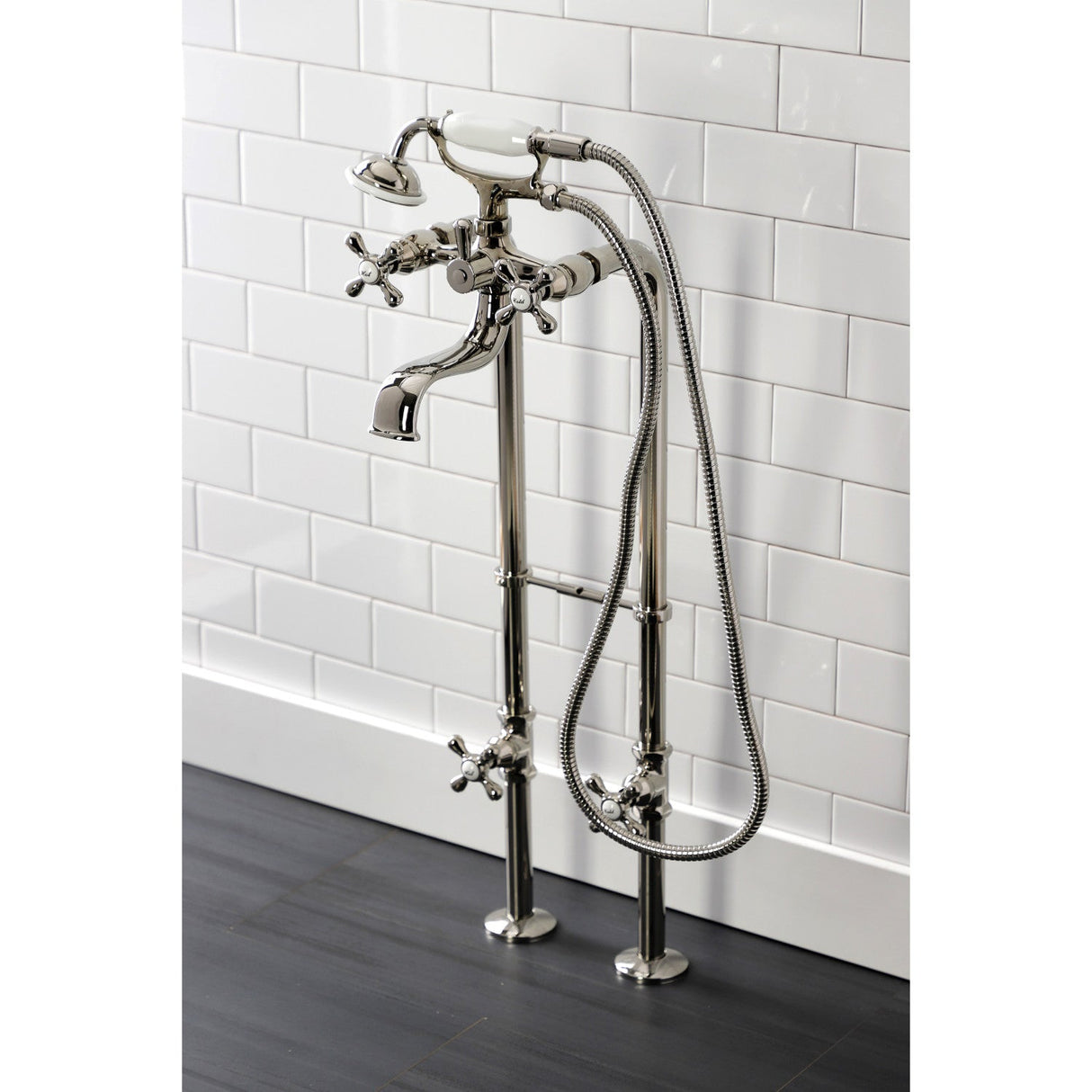 Kingston CCK226K6 Three-Handle 2-Hole Freestanding Clawfoot Tub Faucet Package with Supply Line and Stop Valve, Polished Nickel