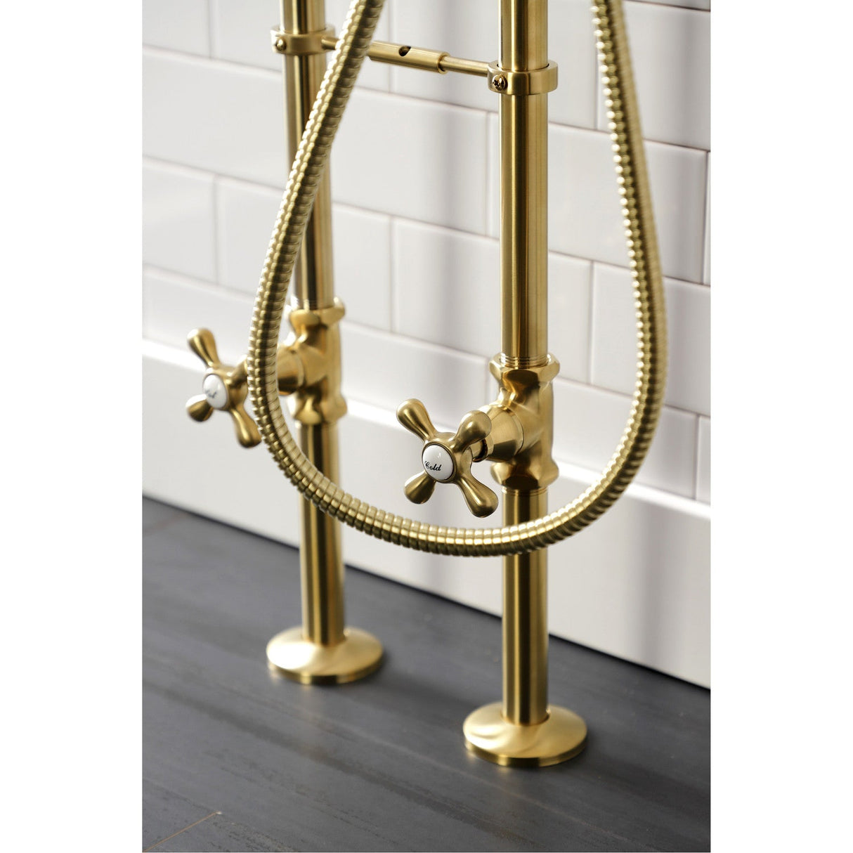 Kingston CCK226K7 Three-Handle 2-Hole Freestanding Clawfoot Tub Faucet Package with Supply Line and Stop Valve, Brushed Brass