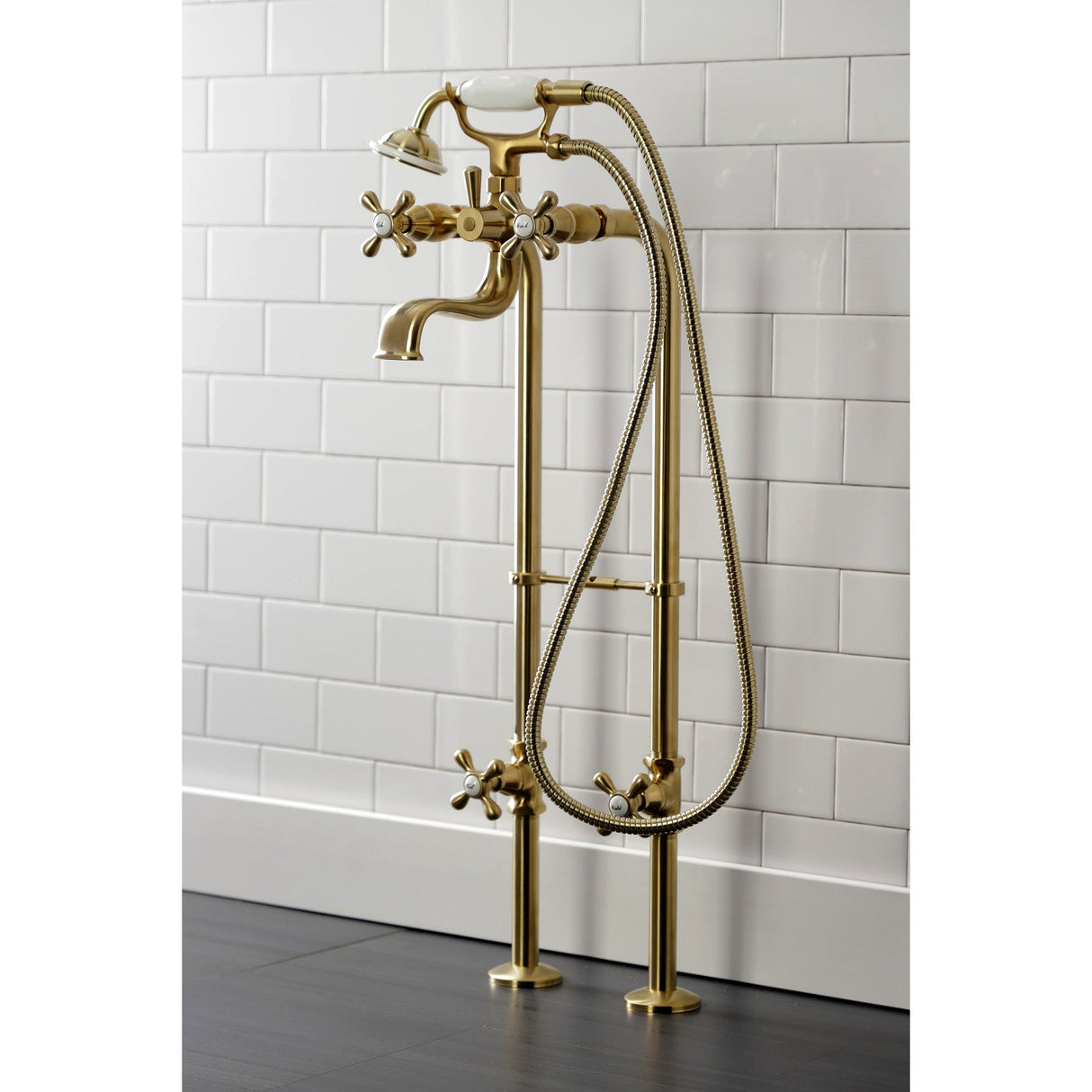 Kingston CCK226K7 Three-Handle 2-Hole Freestanding Clawfoot Tub Faucet Package with Supply Line and Stop Valve, Brushed Brass