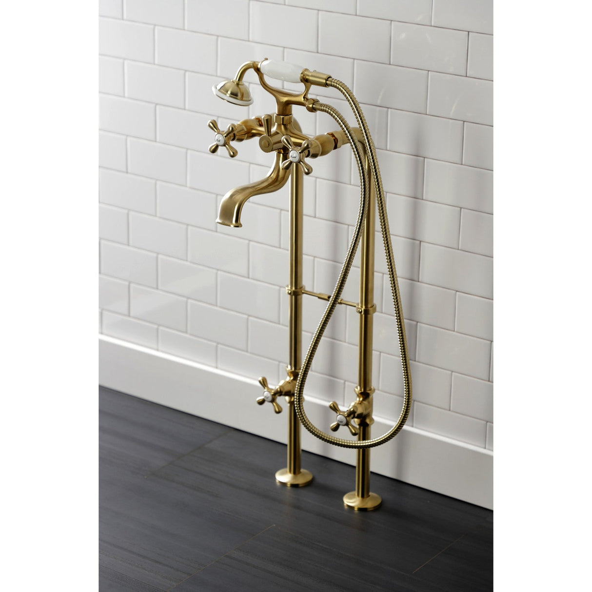 Kingston CCK226K7 Three-Handle 2-Hole Freestanding Clawfoot Tub Faucet Package with Supply Line and Stop Valve, Brushed Brass