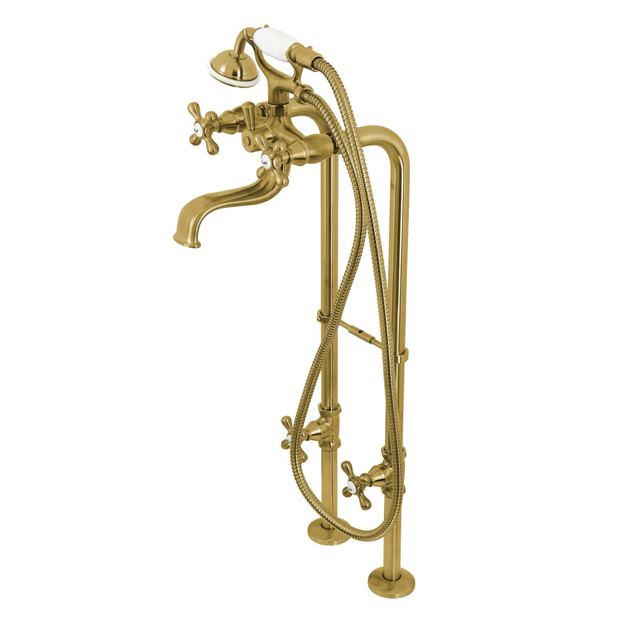 Kingston CCK226K7 Three-Handle 2-Hole Freestanding Clawfoot Tub Faucet Package with Supply Line and Stop Valve, Brushed Brass