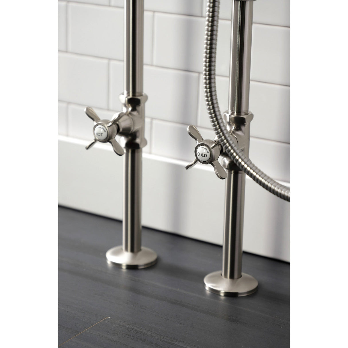 Essex CCK246K8 Three-Handle 2-Hole Freestanding Clawfoot Tub Faucet Package with Supply Line and Stop Valve, Brushed Nickel