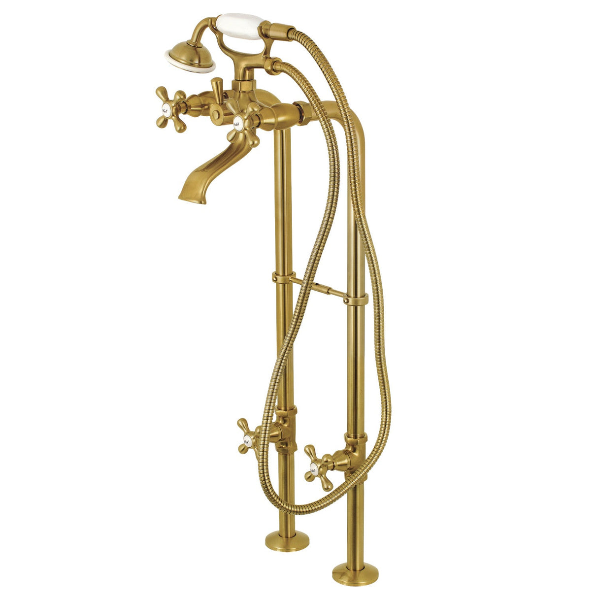 Kingston CCK266K7 Three-Handle 2-Hole Freestanding Tub Faucet with Supply Line and Stop Valve, Brushed Brass