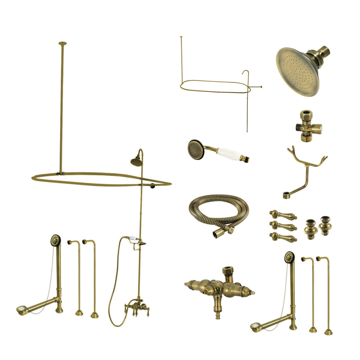 Vintage CCK3143AL Three-Handle 2-Hole Tub Wall Mount Clawfoot Tub Faucet Package with Shower Enclosure, Antique Brass