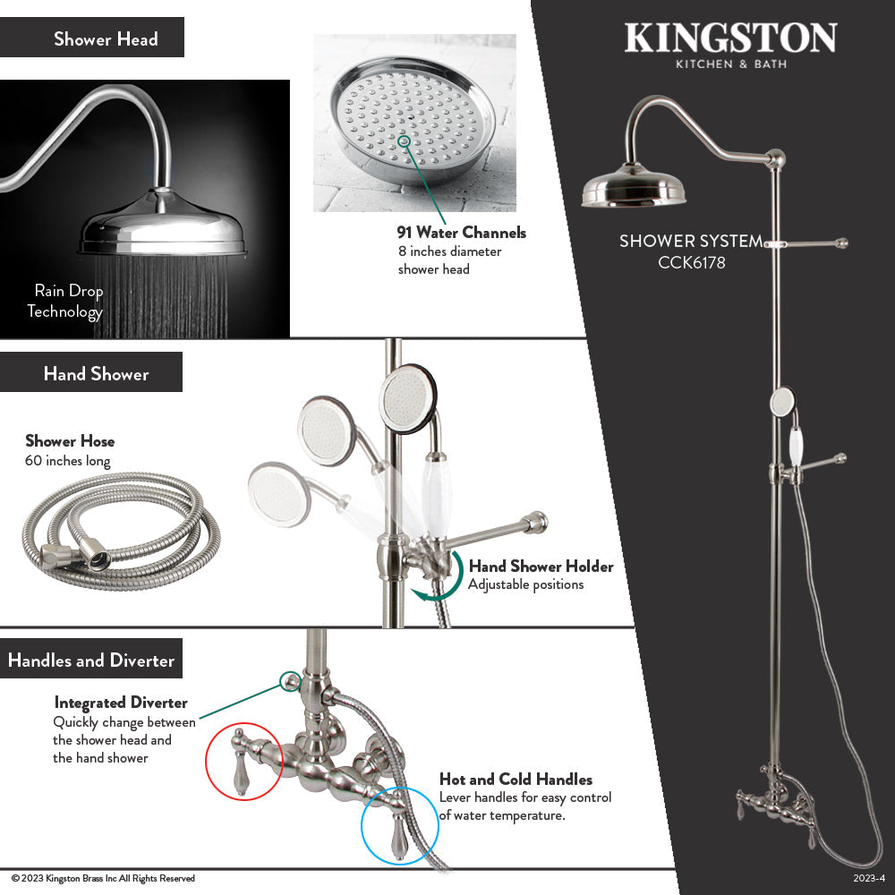 Vintage CCK6178 Tub Wall Mount Rain Drop Shower System with Hand Shower, Brushed Nickel
