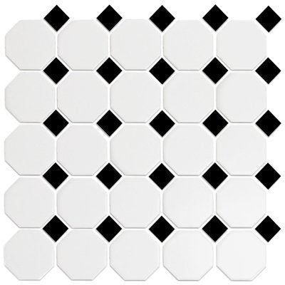 Roca Tile Usa Inc United States Ceramic Tile Cc Mosaics Ii Matte Snow White 2 Inch Octagon With Black Dot Porcelain Mosaics. Ufcc101-12Mt 1 Sheet = .94 Sq. Ft. Ne
