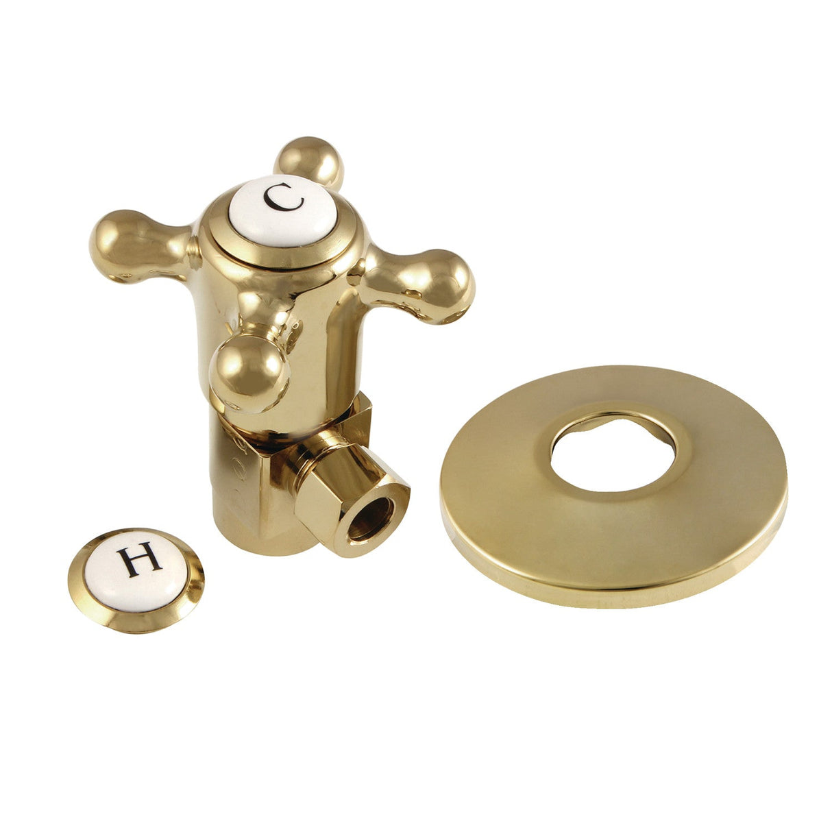 CD43302BXK 1/2-Inch FIP x 3/8-Inch OD Comp Anti-Seize Deluxe Quarter-Turn Ceramic Hardisc Cartridge Angle Stop with Flange, Polished Brass