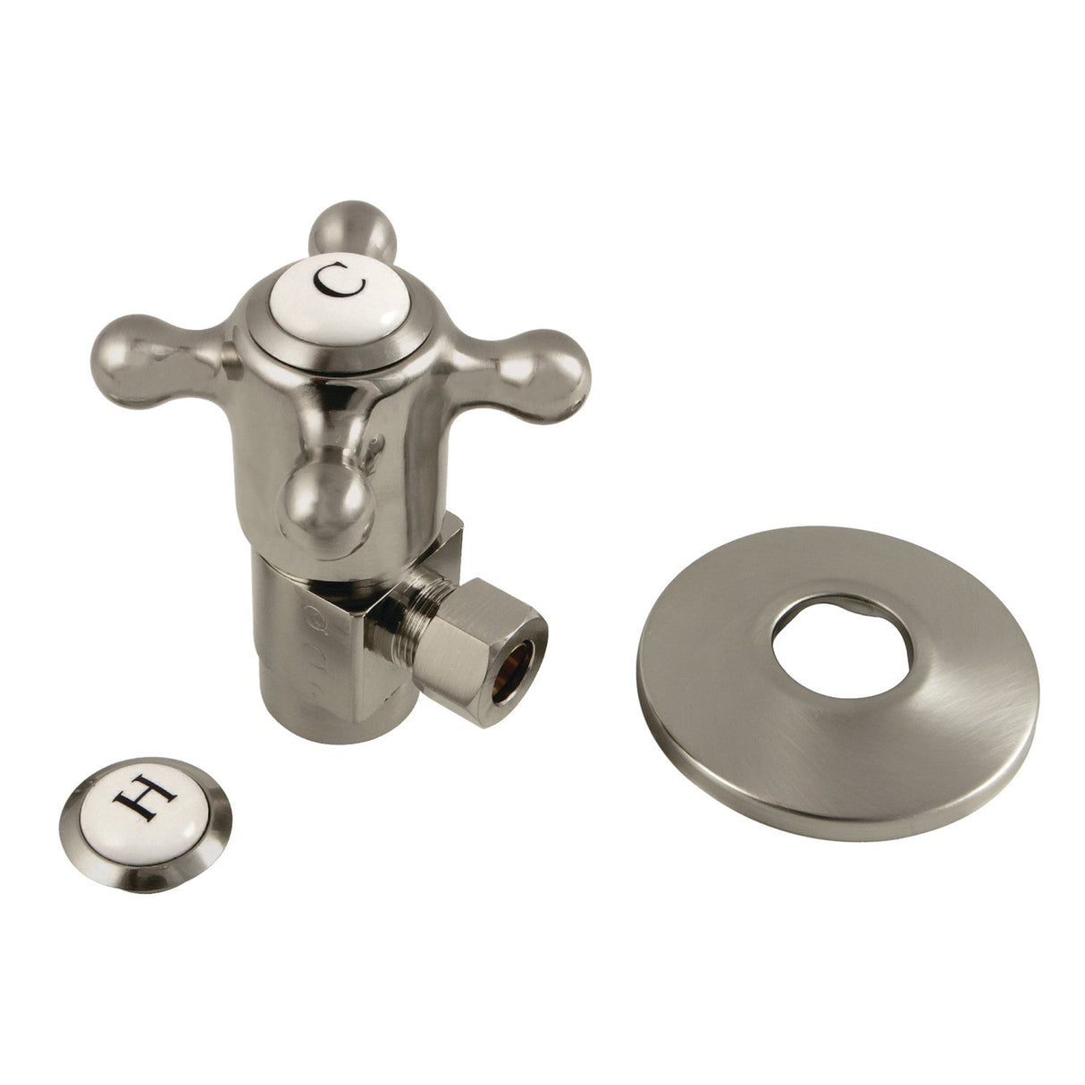 CD43308BXK 1/2-Inch FIP x 3/8-Inch OD Comp Anti-Seize Deluxe Quarter-Turn Ceramic Hardisc Cartridge Angle Stop with Flange, Brushed Nickel