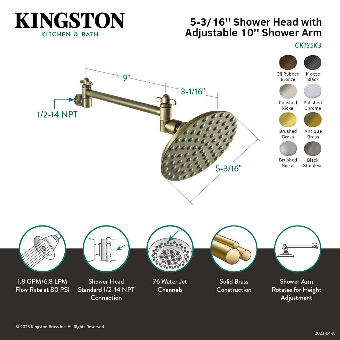 Victorian CK135K3 5-1/4 Inch Brass Shower Head with 10-Inch High-Low Shower Arm, Antique Brass