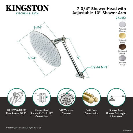 Victorian CK136K1 7-3/4 Inch Brass Shower Head with 10-Inch High-Low Shower Arm, Polished Chrome