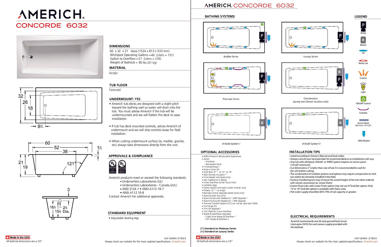 Americh CN6032TA5-BI Concorde 6032 - Tub Only / Airbath 5 - Biscuit