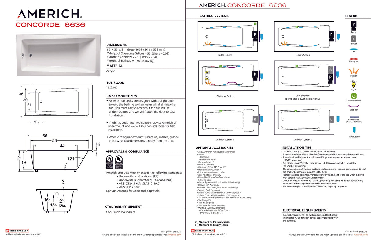 Americh CN6636TA5-BI Concorde 6636 - Tub Only / Airbath 5 - Biscuit