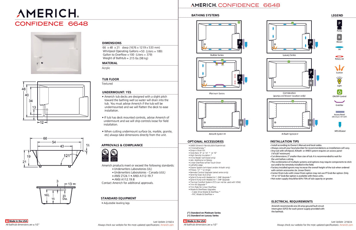 Americh CF6648TA5-BI Confidence 6648 - Tub Only / Airbath 5 - Biscuit