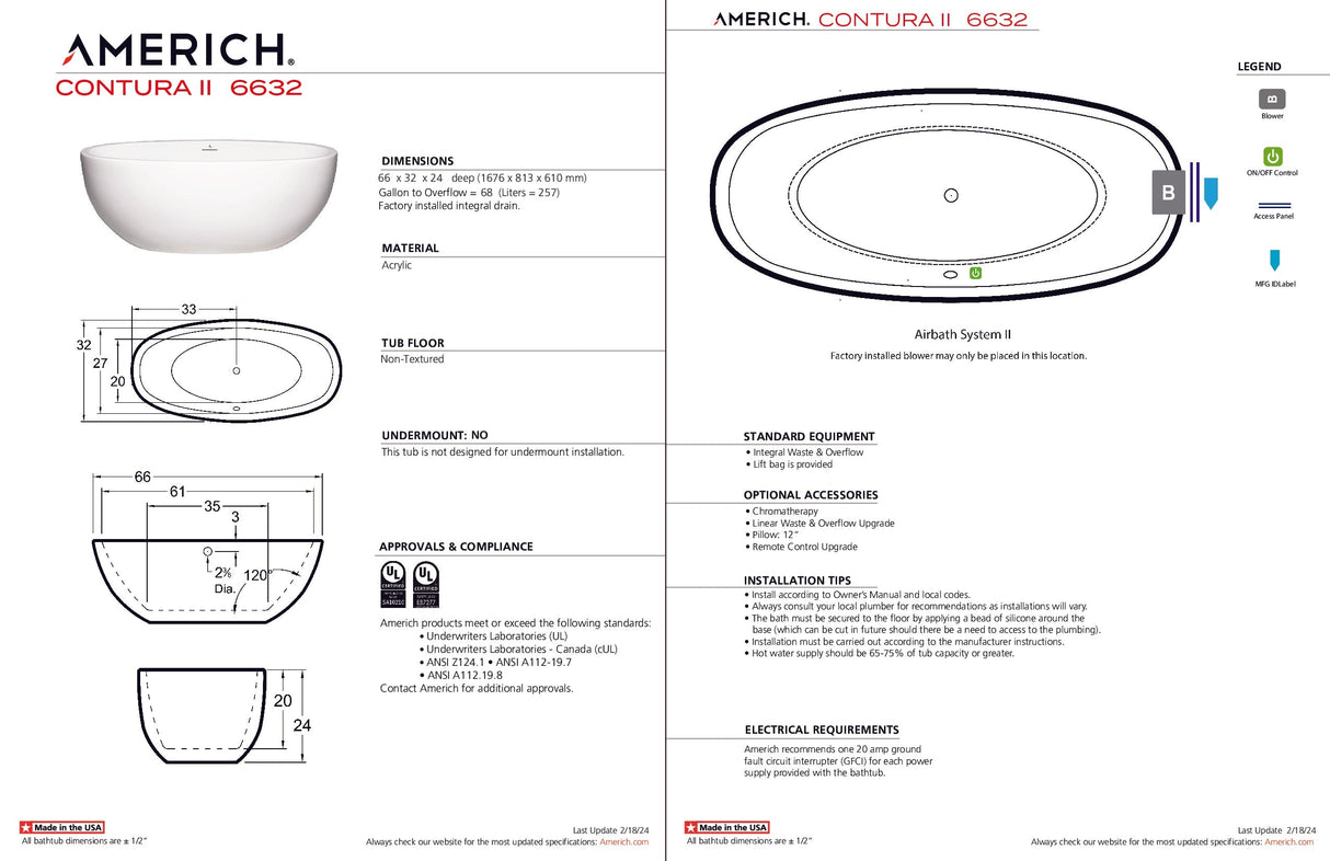 Americh CO6632T2-WH Contura II 6632 - Tub Only - White