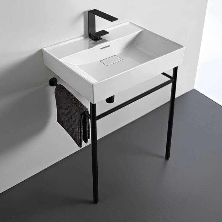 Rectangular White Ceramic Console Sink and Matte Black Stand, 24"