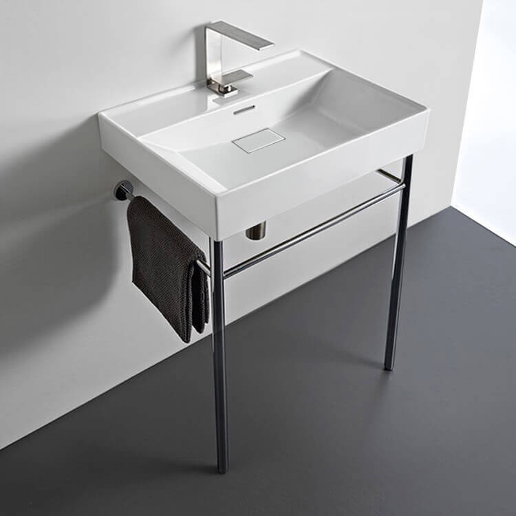 Rectangular White Ceramic Console Sink and Polished Chrome Stand, 24"