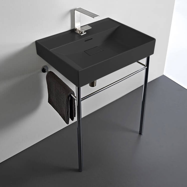 Rectangular Matte Black Ceramic Console Sink and Polished Chrome Stand, 24"