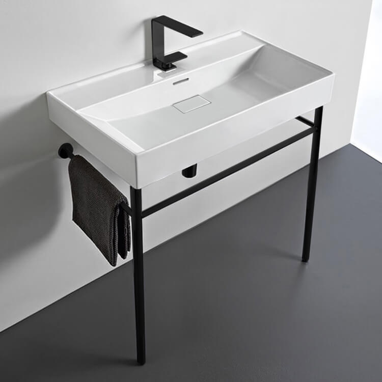 Rectangular White Ceramic Console Sink and Matte Black Stand, 32"