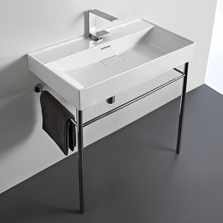 Rectangular White Ceramic Console Sink and Polished Chrome Stand, 32"