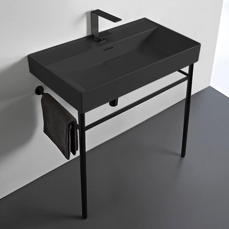 Rectangular Matte Black Ceramic Console Sink and Matte Black Stand, 32"