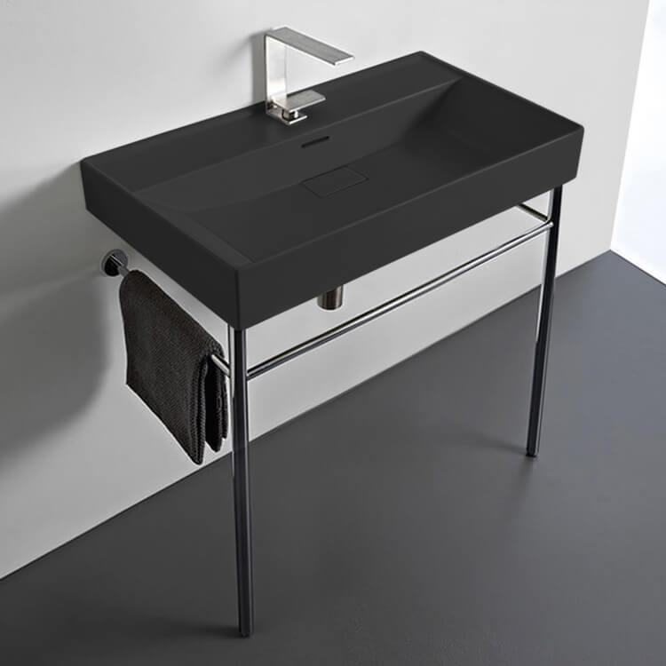 Rectangular Matte Black Ceramic Console Sink and Polished Chrome Stand, 32"