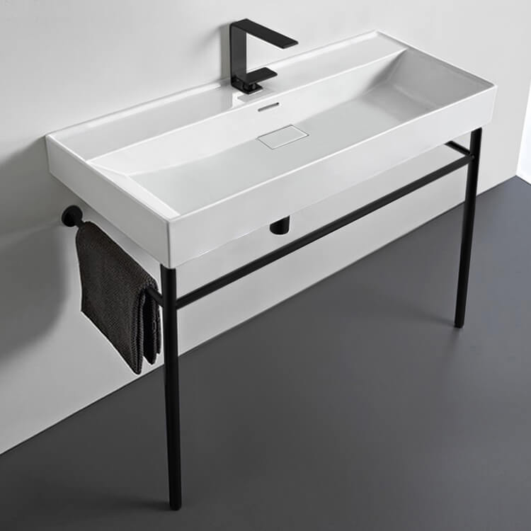 Rectangular White Ceramic Console Sink and Matte Black Stand, 40"