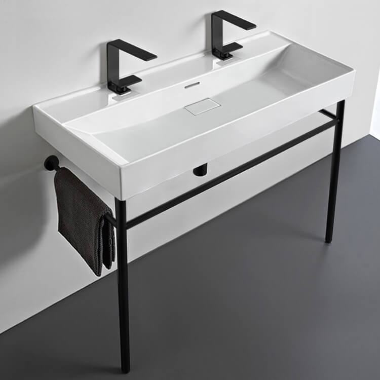 Trough White Ceramic Console Sink and Matte Black Stand, 40"