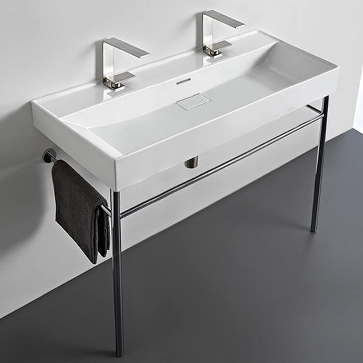 Trough White Ceramic Console Sink and Polished Chrome Stand, 40"