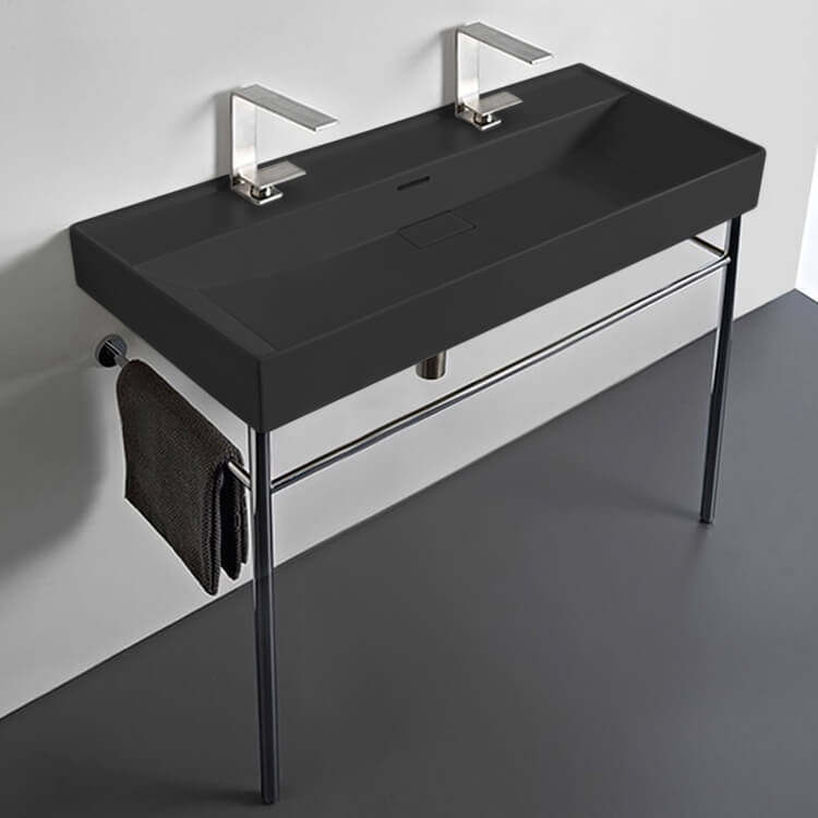 Trough Matte Black Ceramic Console Sink and Polished Chrome Stand, 40"