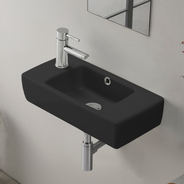 Small Matte Black Ceramic Wall Mounted or Drop In Bathroom Sink