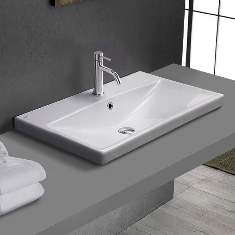 Drop In Bathroom Sink, White Ceramic, Rectangular