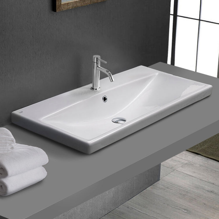 Drop In Bathroom Sink, White Ceramic, Rectangular