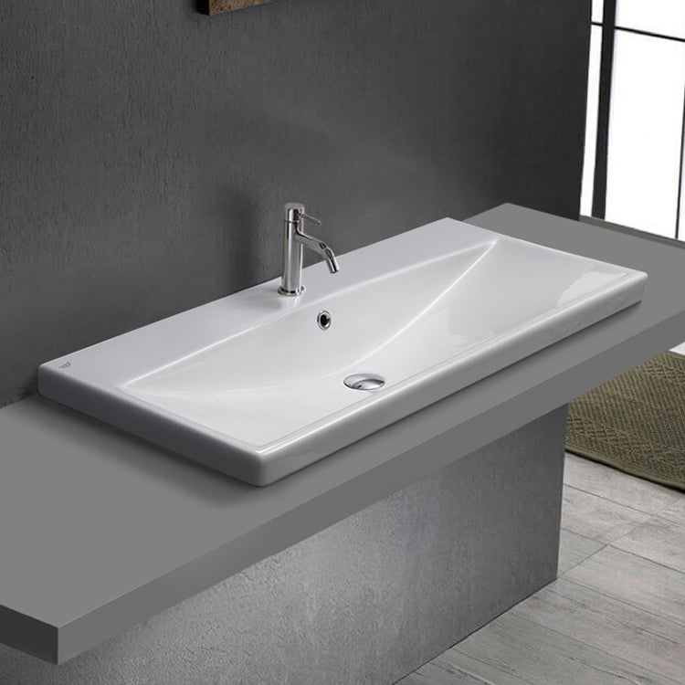 Drop In Bathroom Sink, White Ceramic, Rectangular