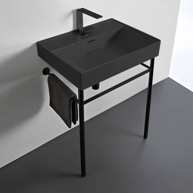 Rectangular Matte Black Ceramic Console Sink and Matte Black Stand, 24"