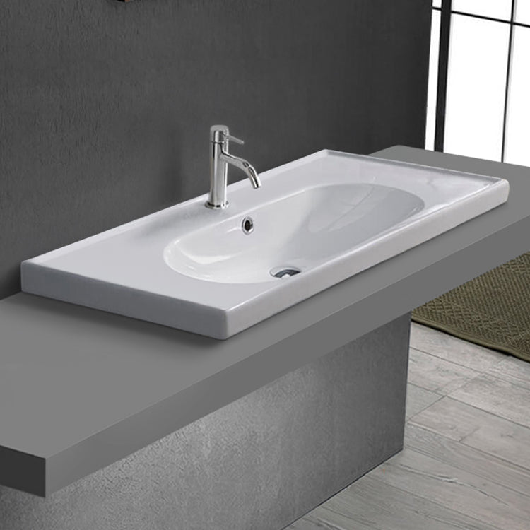 Drop In Bathroom Sink, White Ceramic, Modern