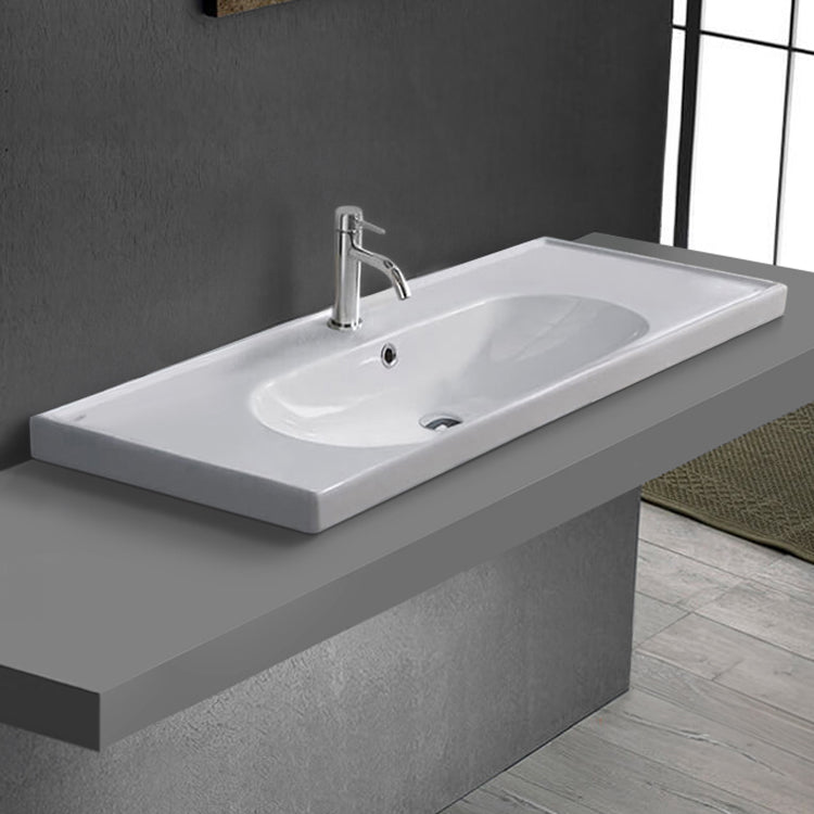 Drop In Bathroom Sink, White Ceramic, With Counter Space