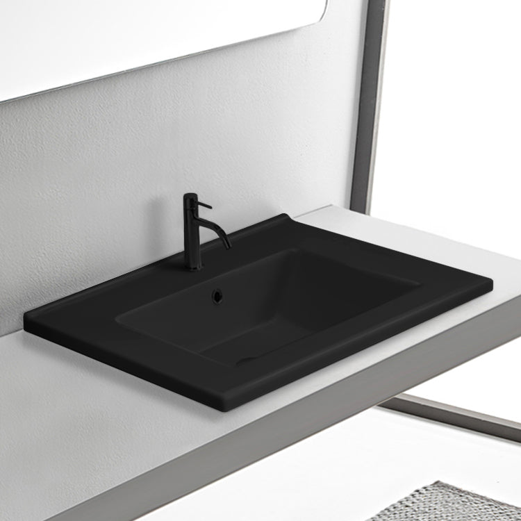 Matte Black Ceramic Drop In Bathroom Sink, Rectangular