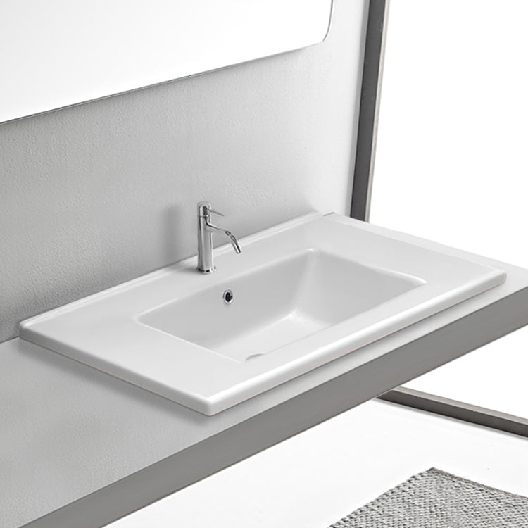 Drop In Bathroom Sink With Counter Space, White Ceramic, Rectangular