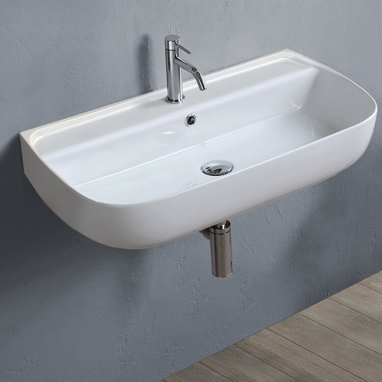 Rectangular White Ceramic Wall Mounted or Vessel Sink