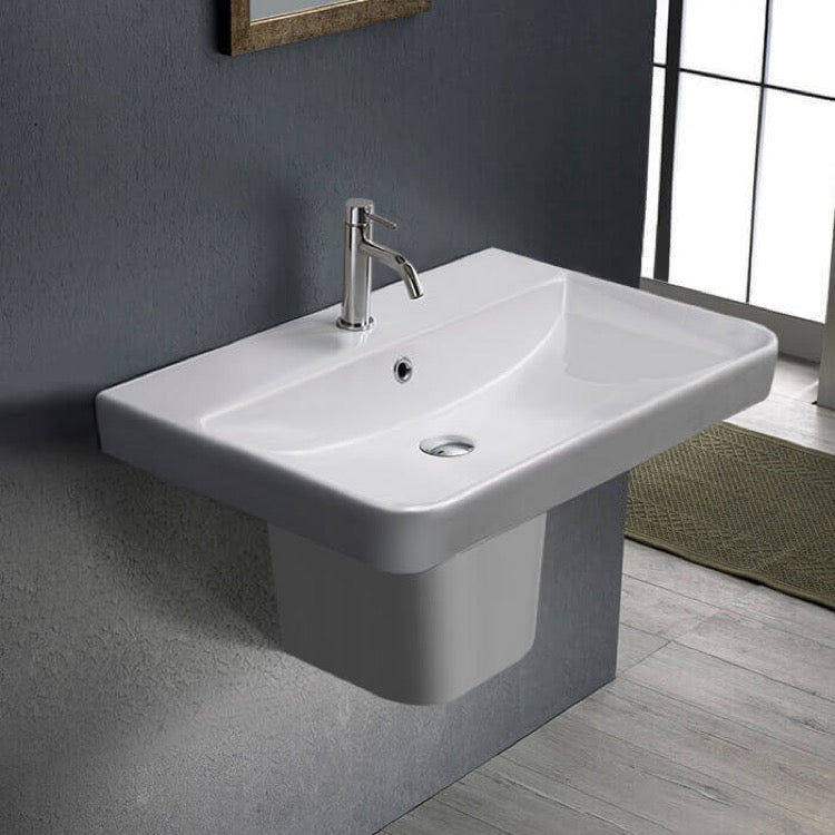 Rectangular White Ceramic Semi-Pedestal Sink