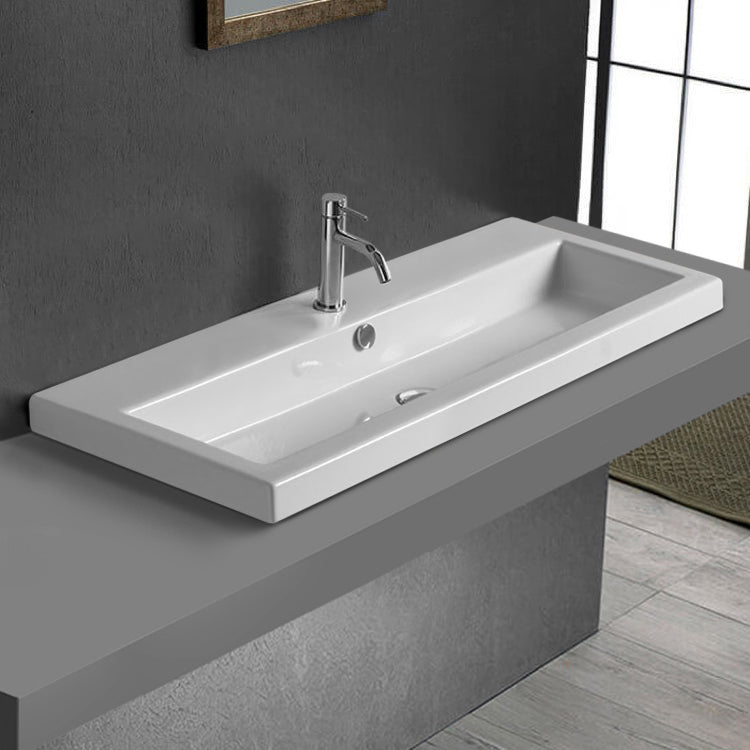 Drop In Bathroom Sink, White Ceramic, Rectangular