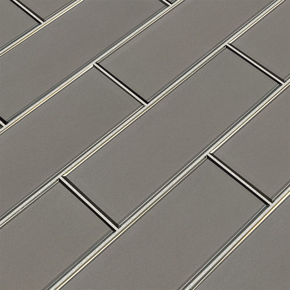 Champagne bevel subway 4x12 textured wall glass tile SMOT-GL-T-CHBE412 product shot multiple tiles angle view