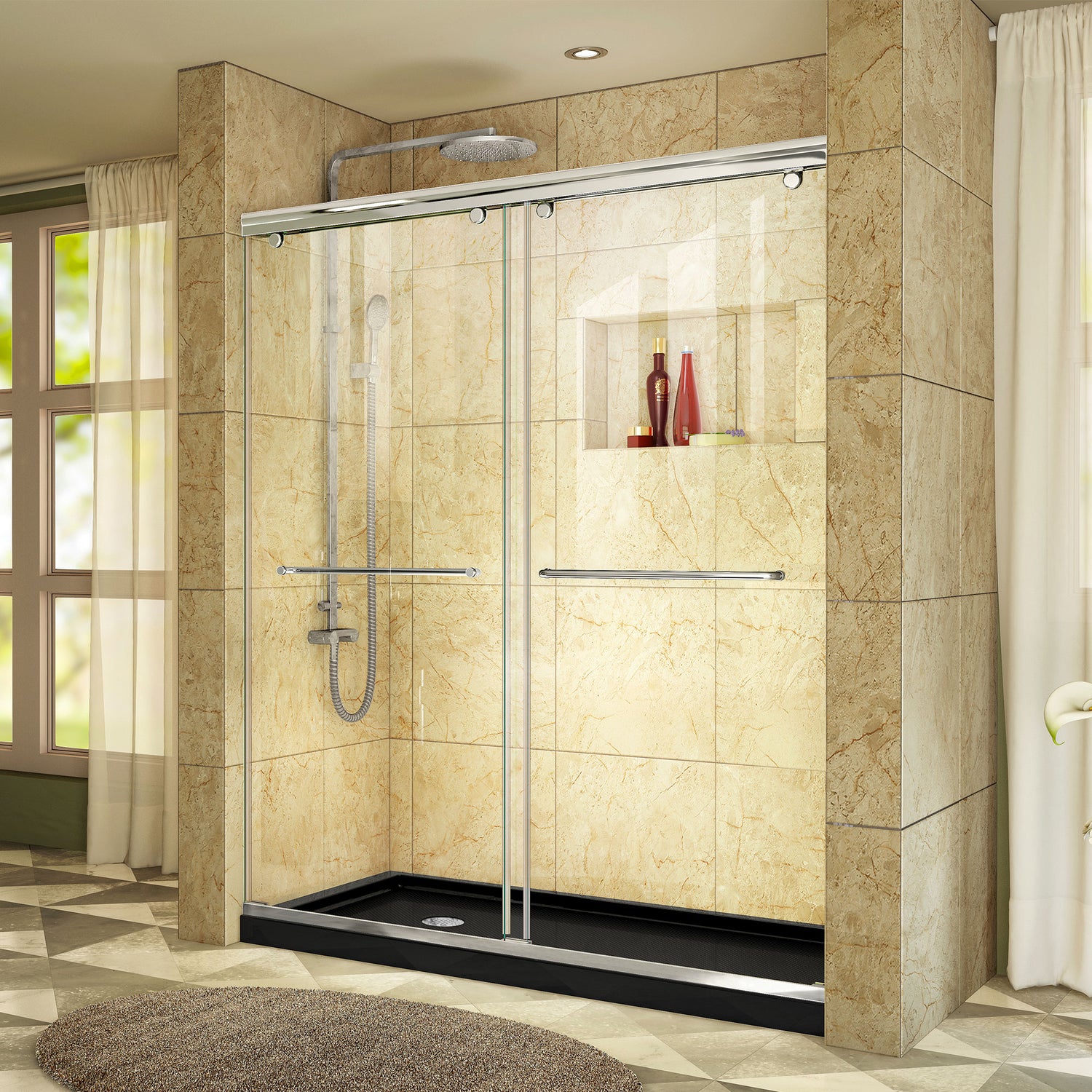 DreamLine Charisma 34 in. D x 60 in. W x 78 3/4 in. H Frameless Bypass Shower Door in Chrome with Left Drain Black Base