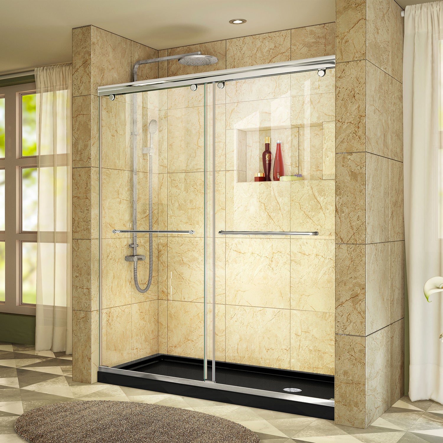 DreamLine Charisma 32 in. D x 60 in. W x 78 3/4 in. H Frameless Bypass Shower Door in Chrome with Right Drain Black Base