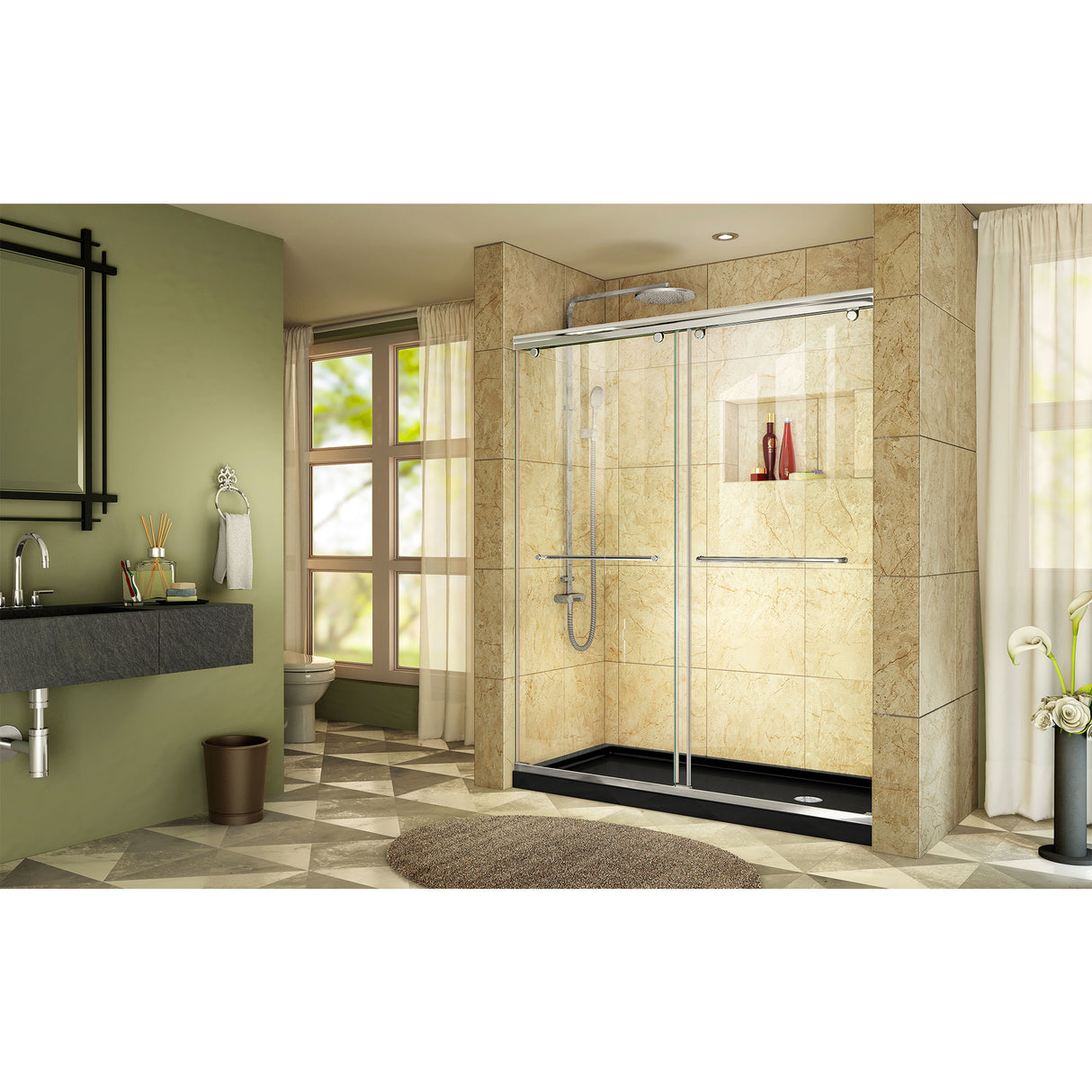 DreamLine Charisma 34 in. D x 60 in. W x 78 3/4 in. H Frameless Bypass Shower Door in Chrome with Right Drain Black Base
