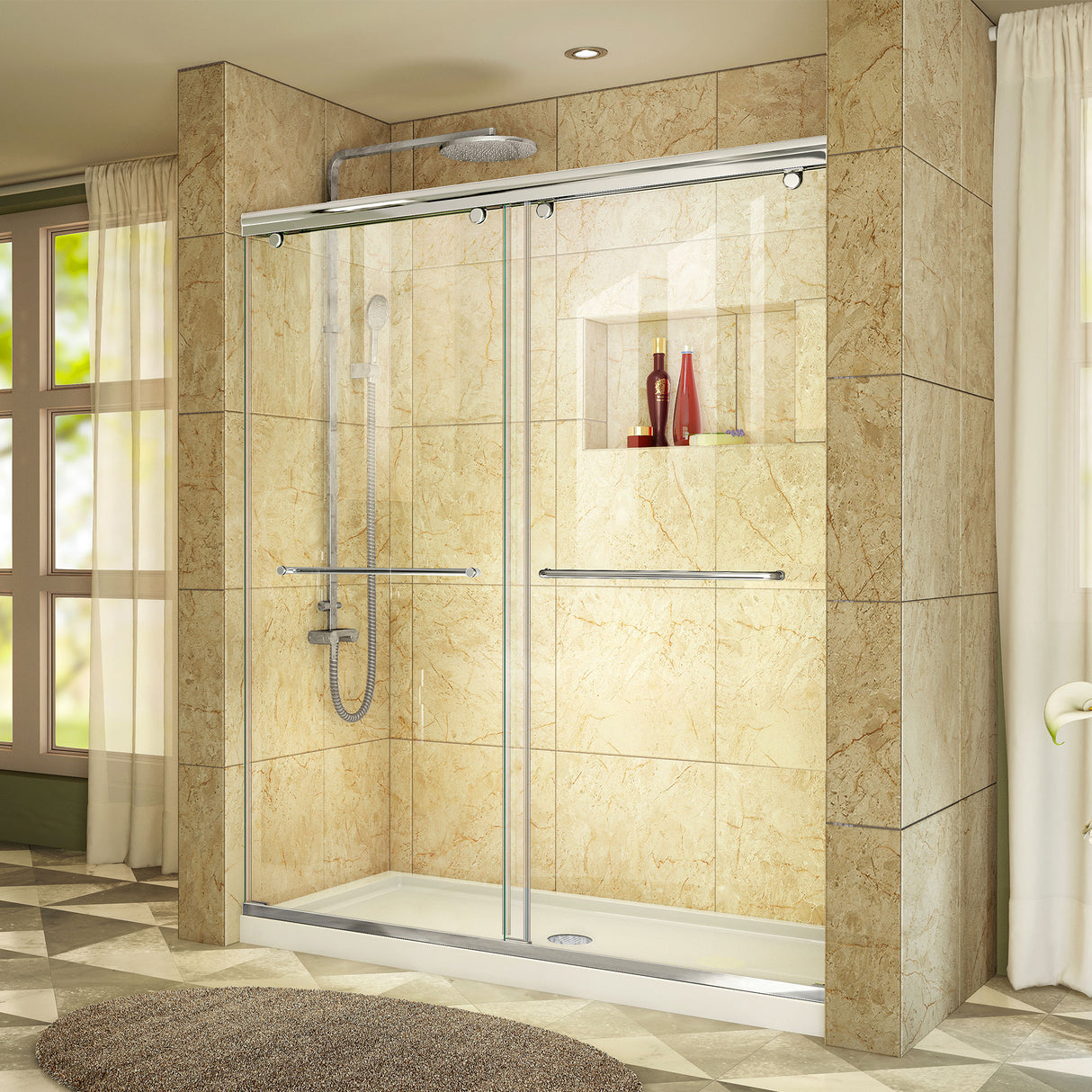DreamLine Charisma 34 in. D x 60 in. W x 78 3/4 in. H Frameless Bypass Shower Door in Chrome with Center Drain White Base