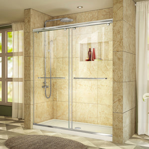 DreamLine Charisma 34 in. D x 60 in. W x 78 3/4 in. H Frameless Bypass Shower Door in Chrome with Center Drain White Base